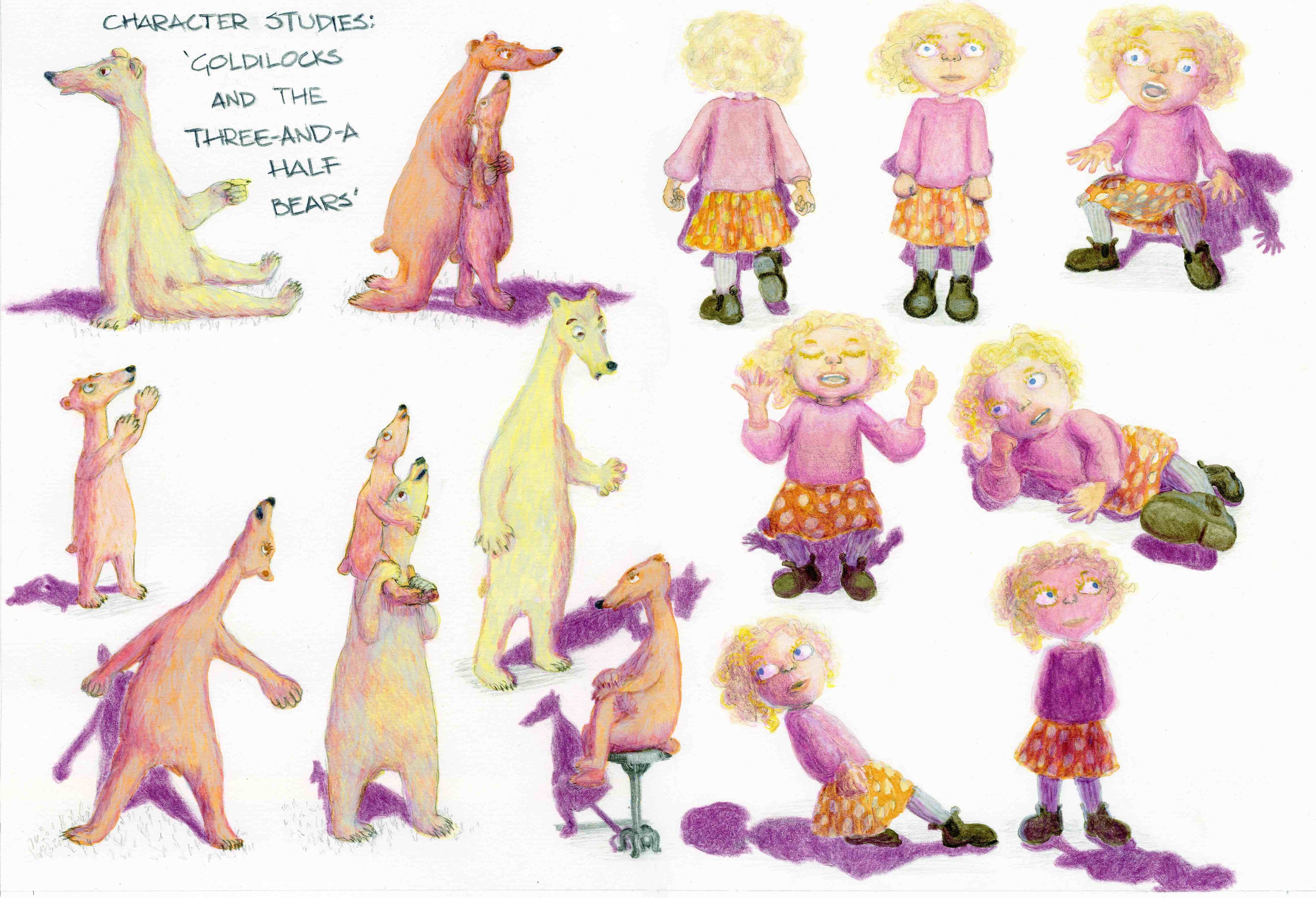 Seven different sketches of Goldilocks and seven different expressions of the bears illustrated in hues of pink, purple and lemony yellow.