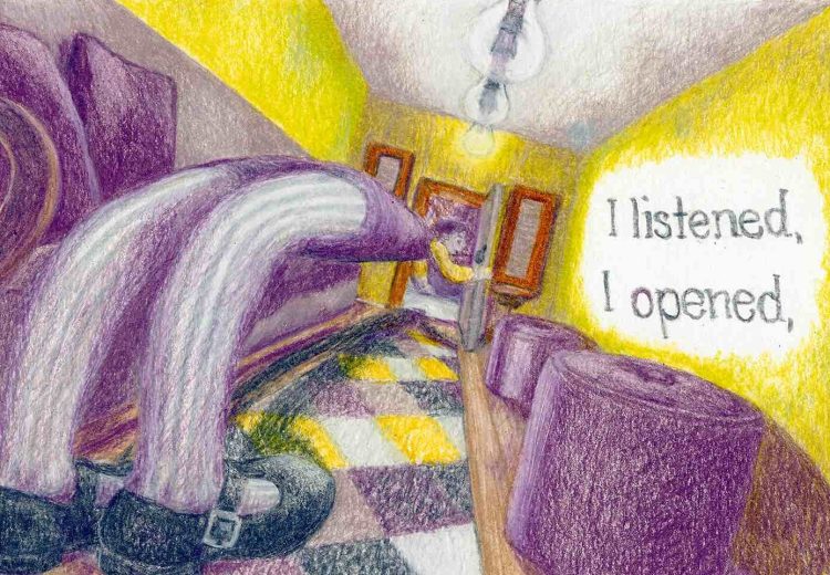 A man in stripy pants leans across to an impossibly small door.