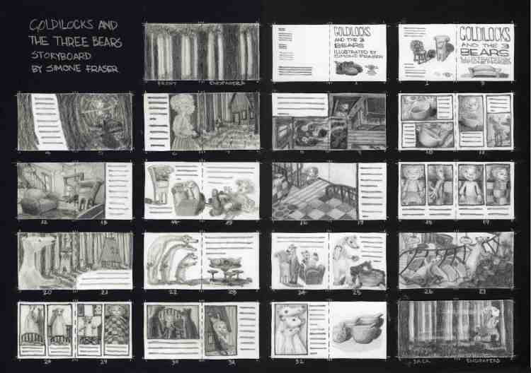Black and white storyboard for Goldilocks and the Three Bears.