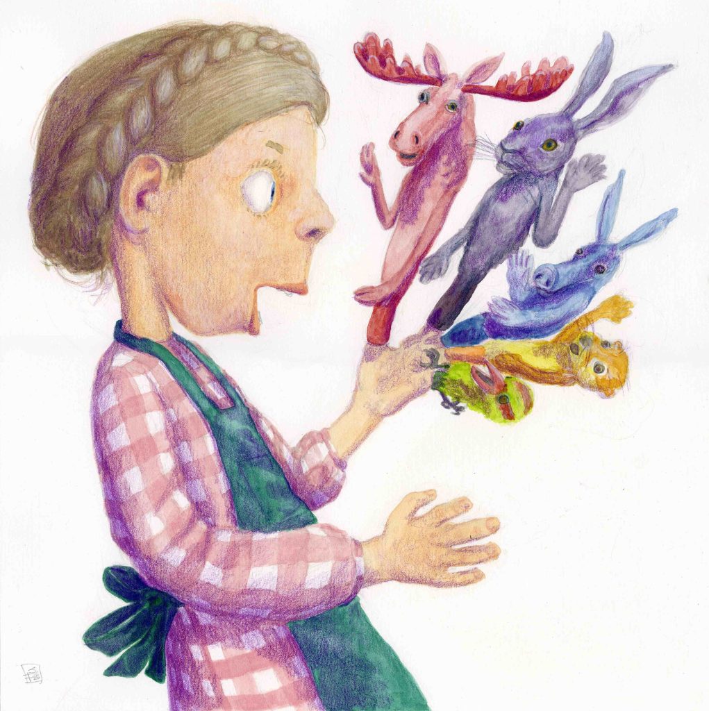 An illustration of a little girl - surprised to find a collection of finger puppets - a moose, rabbit, donkey, an otter and a bird - they appear to have a life of their own as they wave to her from her outstretched hand.